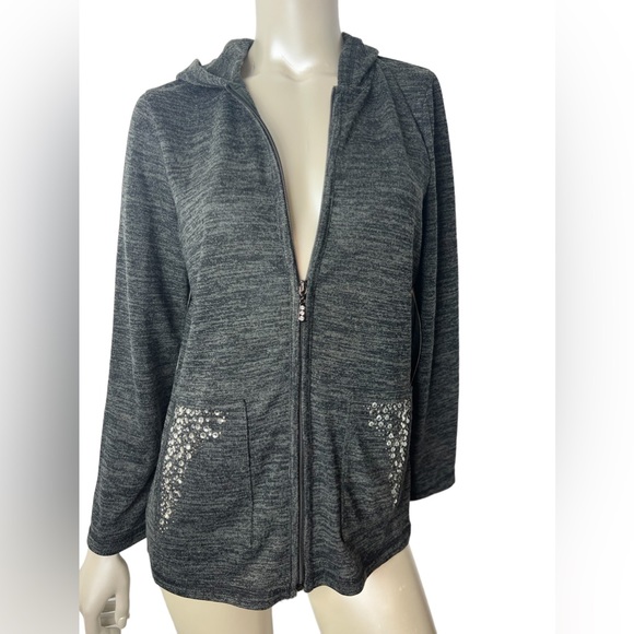 On Que Casuals Charcoal Heather Gray Zip up Hoodie with Rhinestone front pockets - Picture 11 of 11